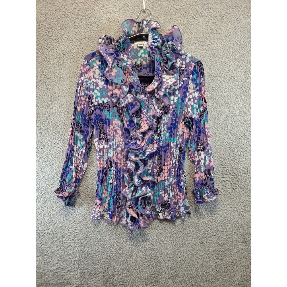 Jaipur Womens‎ Purple Floral Pleated Ruffle Button Up Blouse Size M Cottagecore